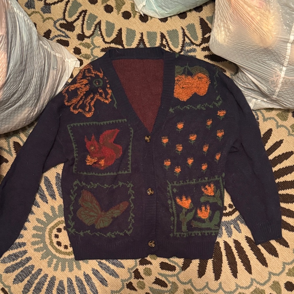 Cider Navy Cardigan with Nature Motifs